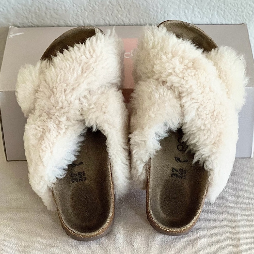 Papillio Cream Shearling Crossover Slide Sandals - Picture 6 of 16